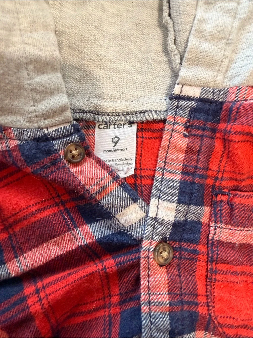 Carter's 9 Months Red Blue Plaid Hooded Flannel Button Down Shirt